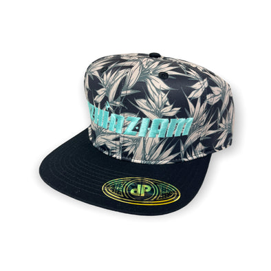A stylish and trendy black baseball cap with a flat bill and an adjustable snap back. The front of the cap features a vibrant Mint color embroidery with the word "Azhiaziam". The visor and back of the cap showcase a unique Birds of Paradise print.