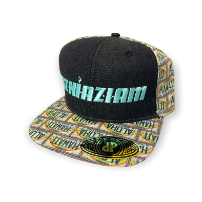 A stylish and trendy black baseball cap with a flat bill and an adjustable snap back. The front of the cap features a vibrant Mint Blue embroidery with the word "Azhiaziam". The visor and back of the cap showcase a unique rainbow style Hawaii license plate print.