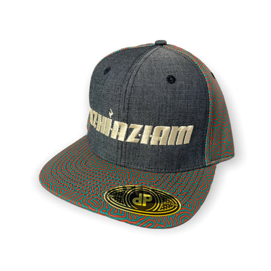 Azhiaziam Brain Coral Hat - Green and red coral pattern on visor and back panels, black denim on front panel with embroidered "Azhiaziam".