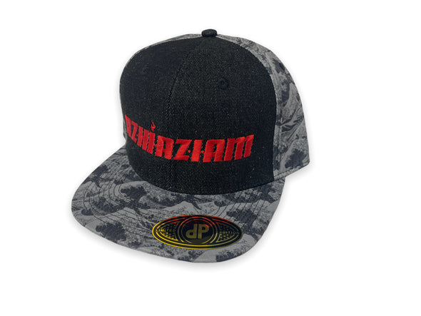 Dark Waves hat with black denim and Red embroidery 'Azhiaziam' on the front. Visor and back of hat feature a unique wave design in Mint Green. Adjustable snap back for comfortable fit