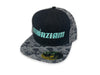 Azhiaziam Dark Waves Hat with black denim front, mint blue embroidery, and a bold and eye-catching Dark Waves print on the visor and back.